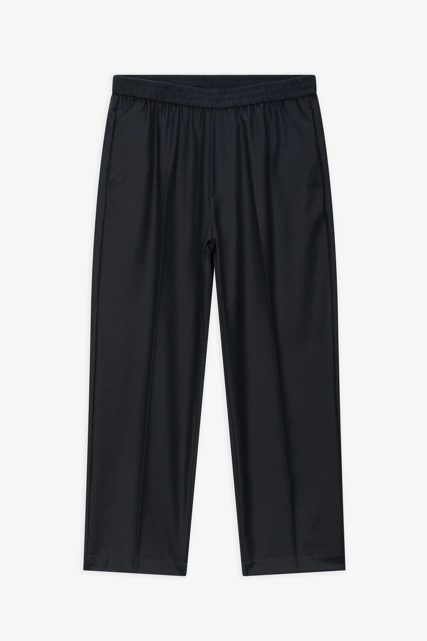 Black athletic pants with an elastic waistband, displayed flat against a light gray background.