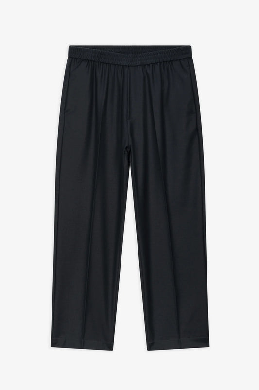 Black athletic pants with an elastic waistband, displayed flat against a light gray background.