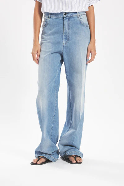 Light blue jeans worn by a person on a white background