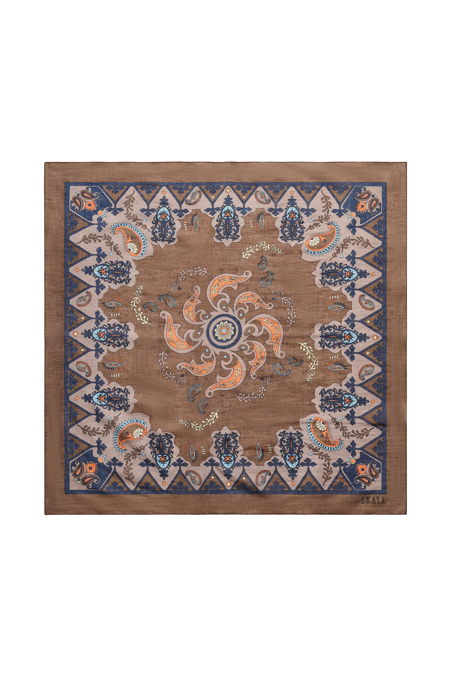 A square scarf with an intricate traditional pattern, featuring a brown center, blue and beige borders, and orange floral accents, displayed flat against a white background.