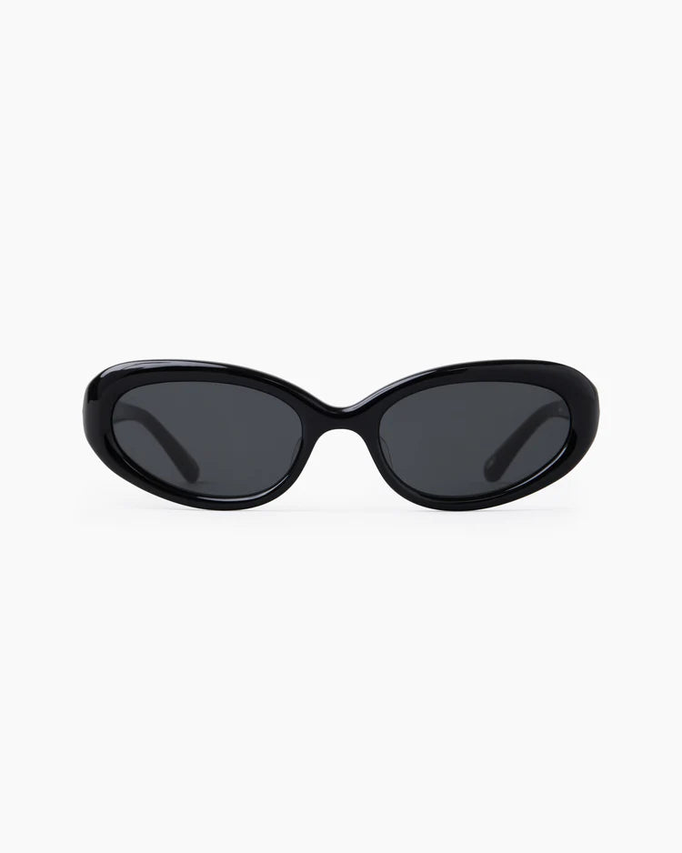 Sunglasses with black frame and dark lenses on a white background