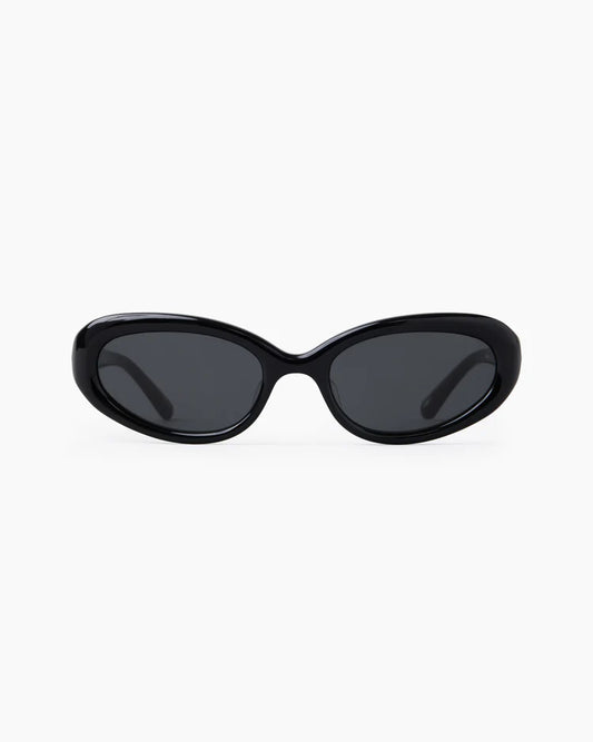 Sunglasses with black frame and dark lenses on a white background