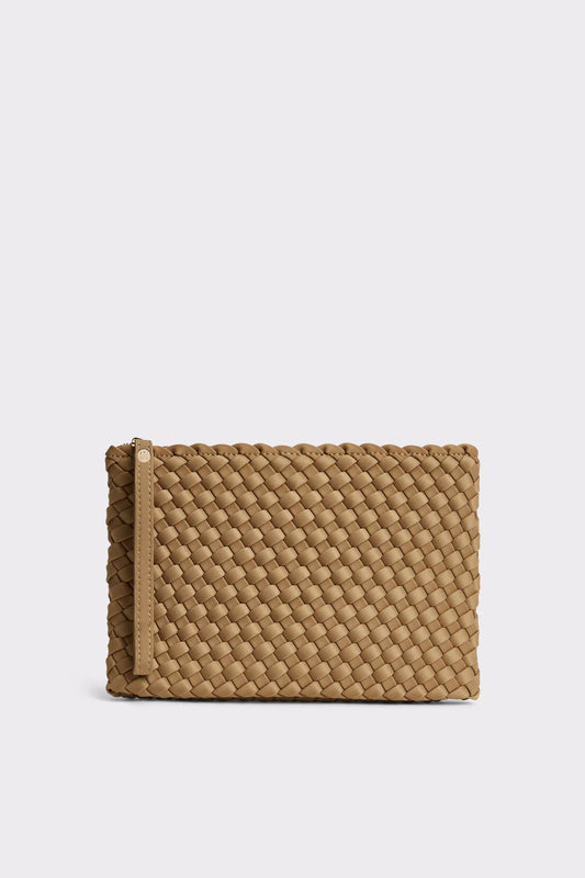 A tan woven leather clutch or envelope-style wallet with a small top zipper, shown against a plain light gray background.