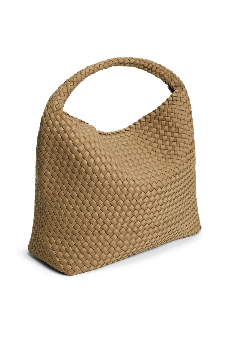 A woven leather shoulder bag in a warm tan or camel color, featuring a single integrated handle and a textured basketweave pattern, shown on a plain white background.
