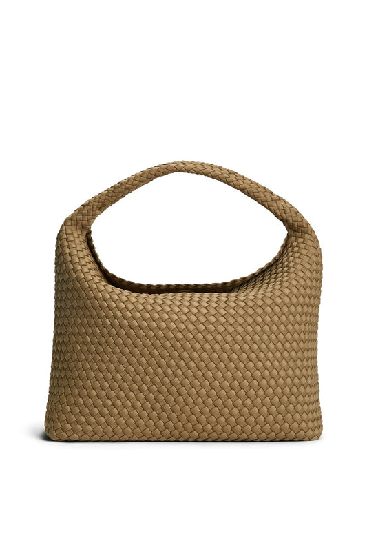 A tan woven leather shoulder bag with a single integrated handle, shown against a plain white background.