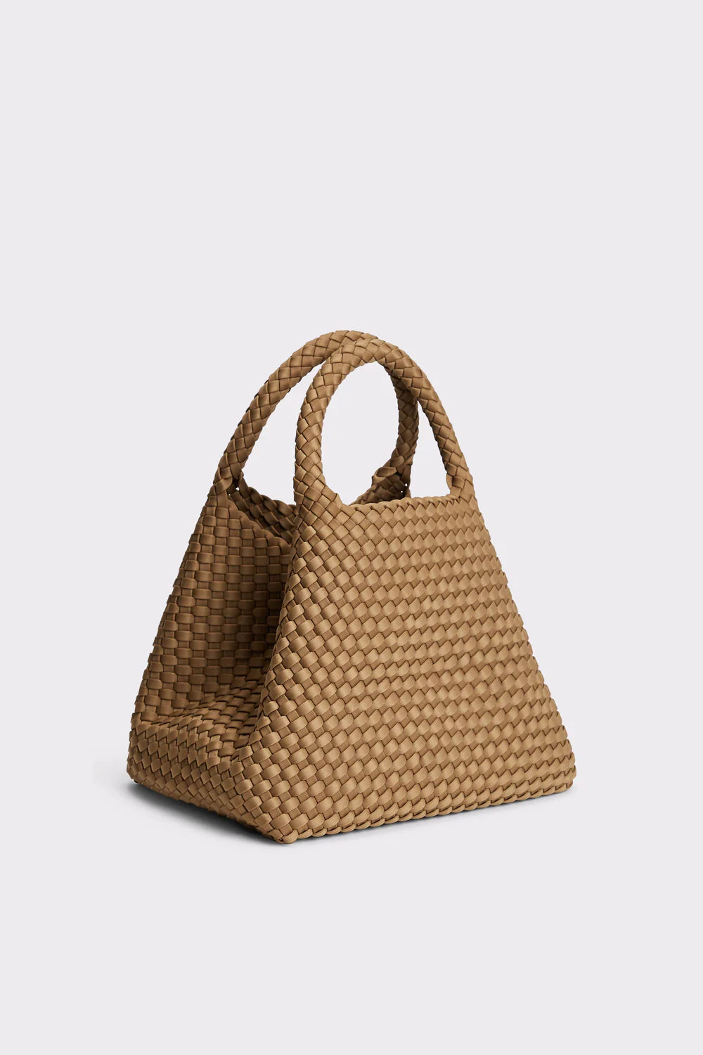 A small woven straw handbag with two top handles, shown on a light gray background.