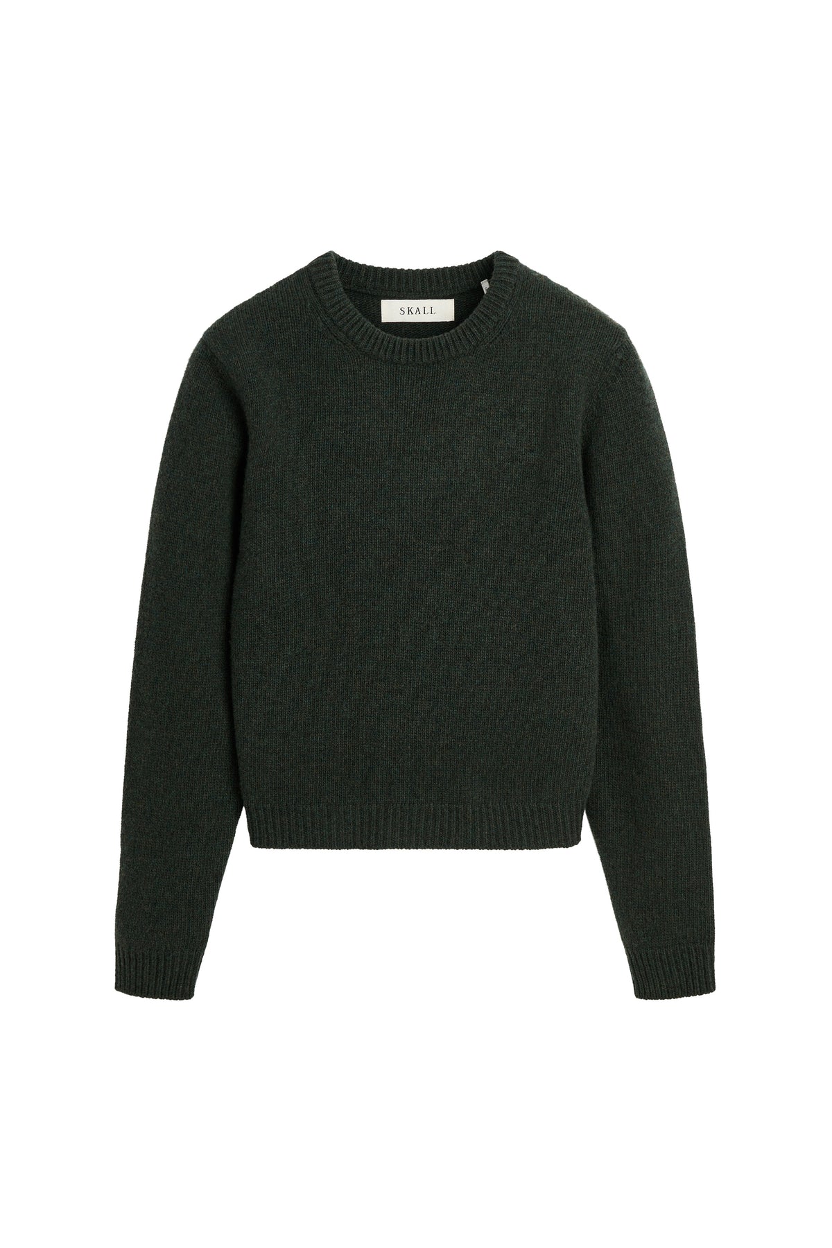 A dark forest green knit crewneck sweater with long sleeves, shown flat against a solid white background.