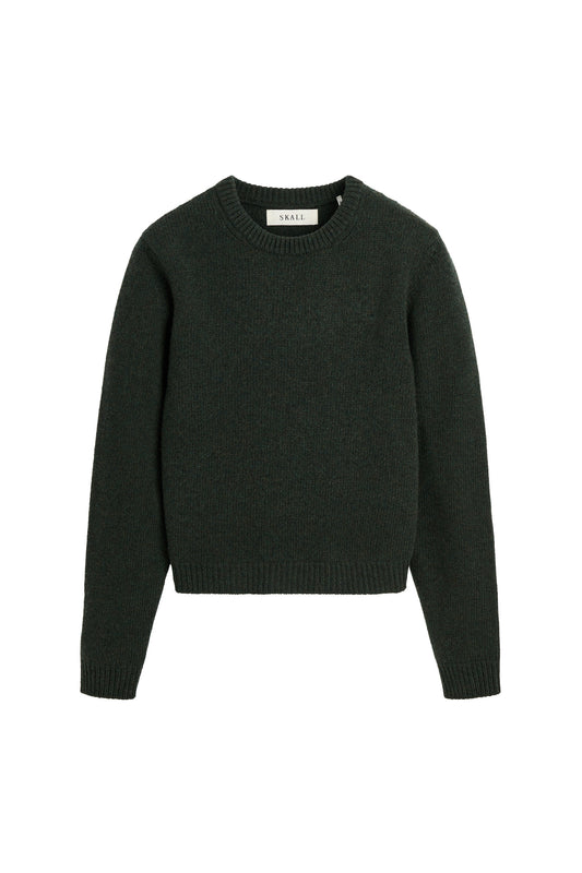 A dark forest green knit crewneck sweater with long sleeves, shown flat against a solid white background.