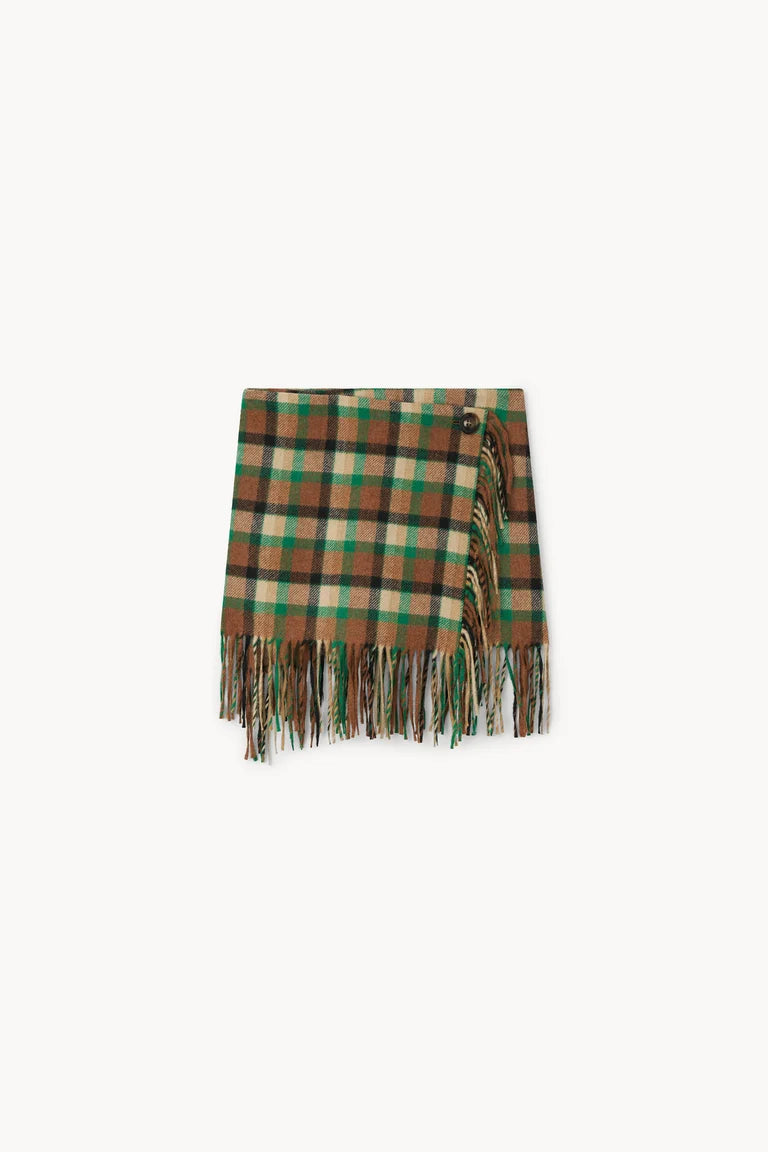 A plaid fringed wrap scarf in green, brown, and beige tones, displayed flat against a solid off-white background.