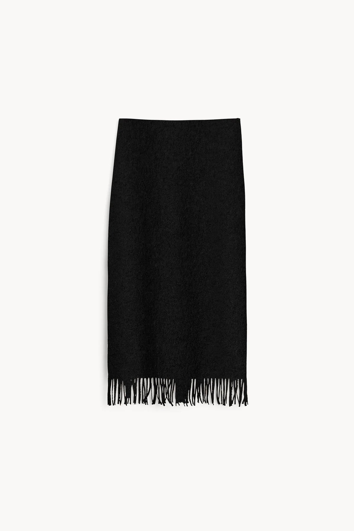 A black knit pencil skirt with fringed detailing along the hem, displayed flat against a clean white background.