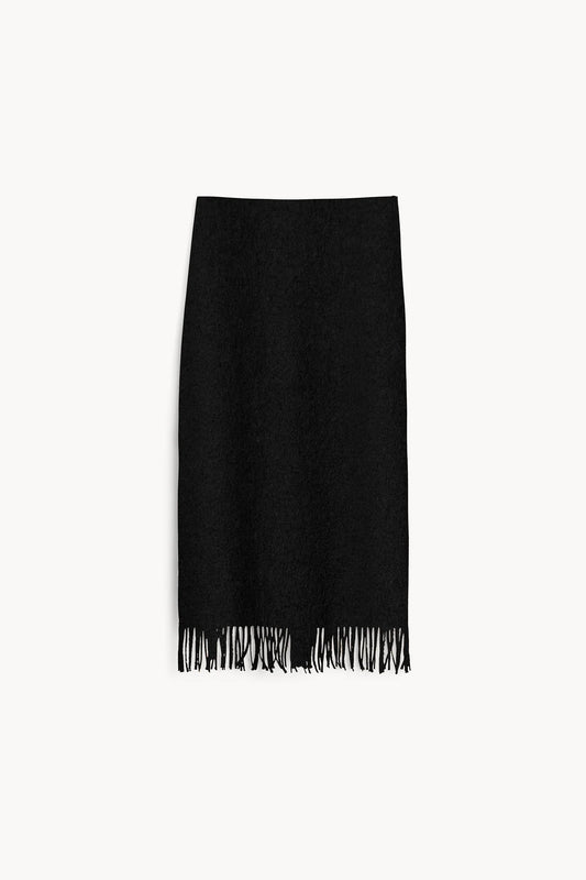 A black knit pencil skirt with fringed detailing along the hem, displayed flat against a clean white background.