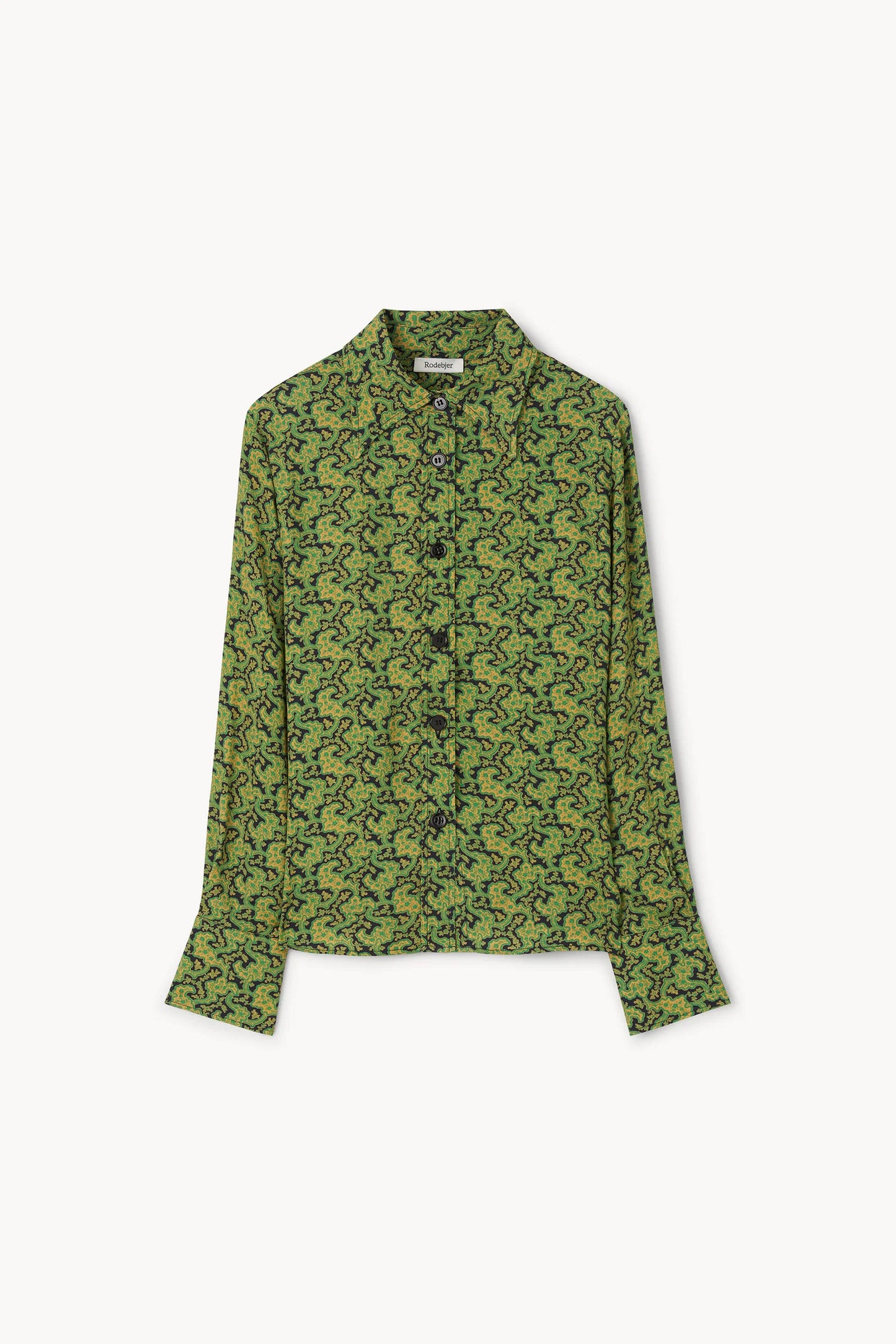 A green long-sleeve button-up shirt with a dense black floral or vine pattern, displayed flat against a light gray background.