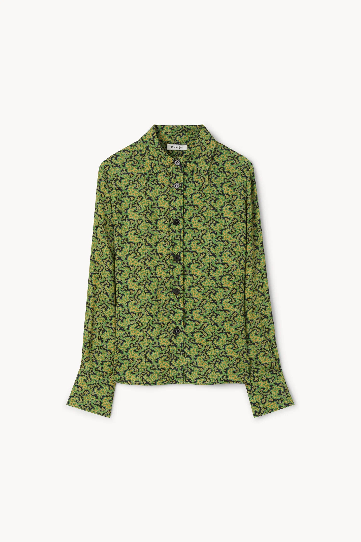 A green long-sleeve button-up shirt with a dense black floral or vine pattern, displayed flat against a light gray background.