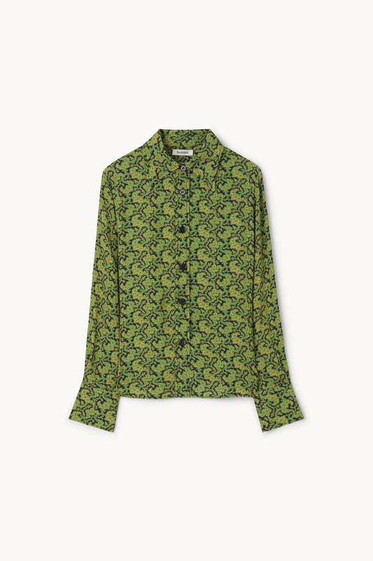 A green long-sleeve button-up shirt with a dense black floral or vine pattern, displayed flat against a light gray background.