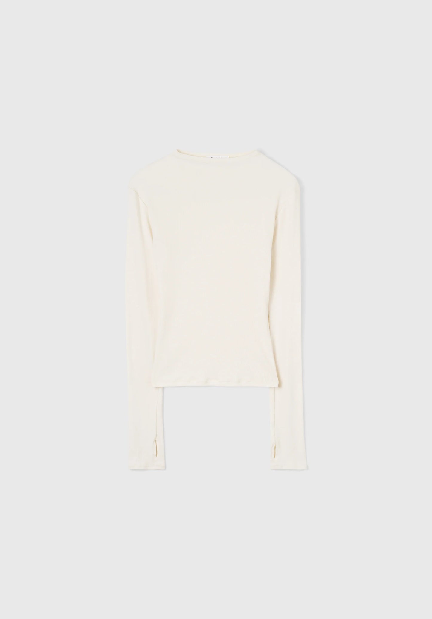 An off-white long-sleeve crop top with a high neckline, displayed flat against a light gray background.