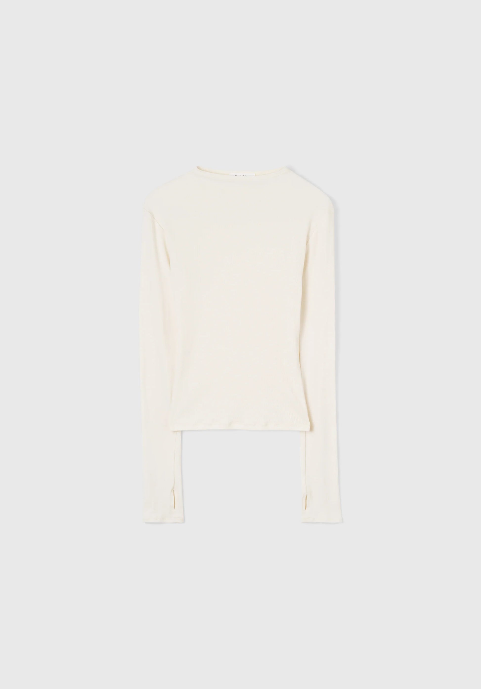 An off-white long-sleeve crop top with a high neckline, displayed flat against a light gray background.