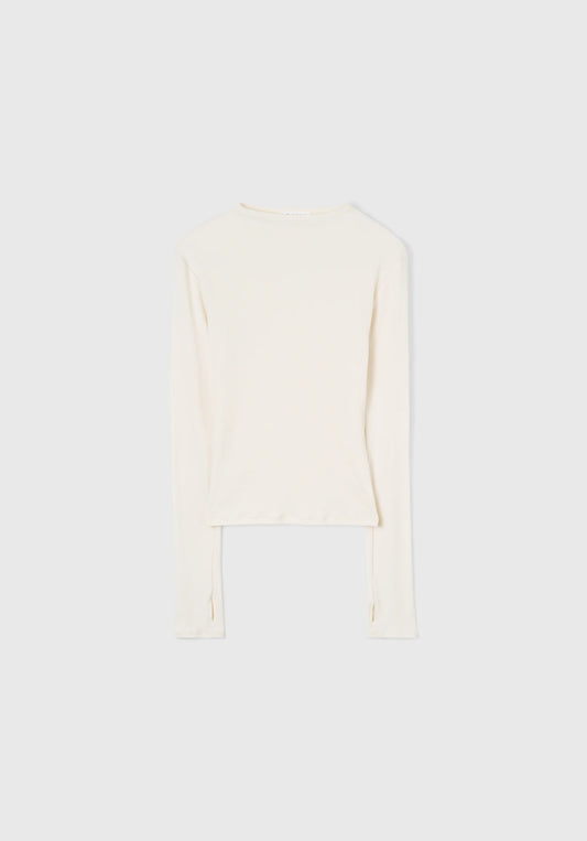 An off-white long-sleeve crop top with a high neckline, displayed flat against a light gray background.