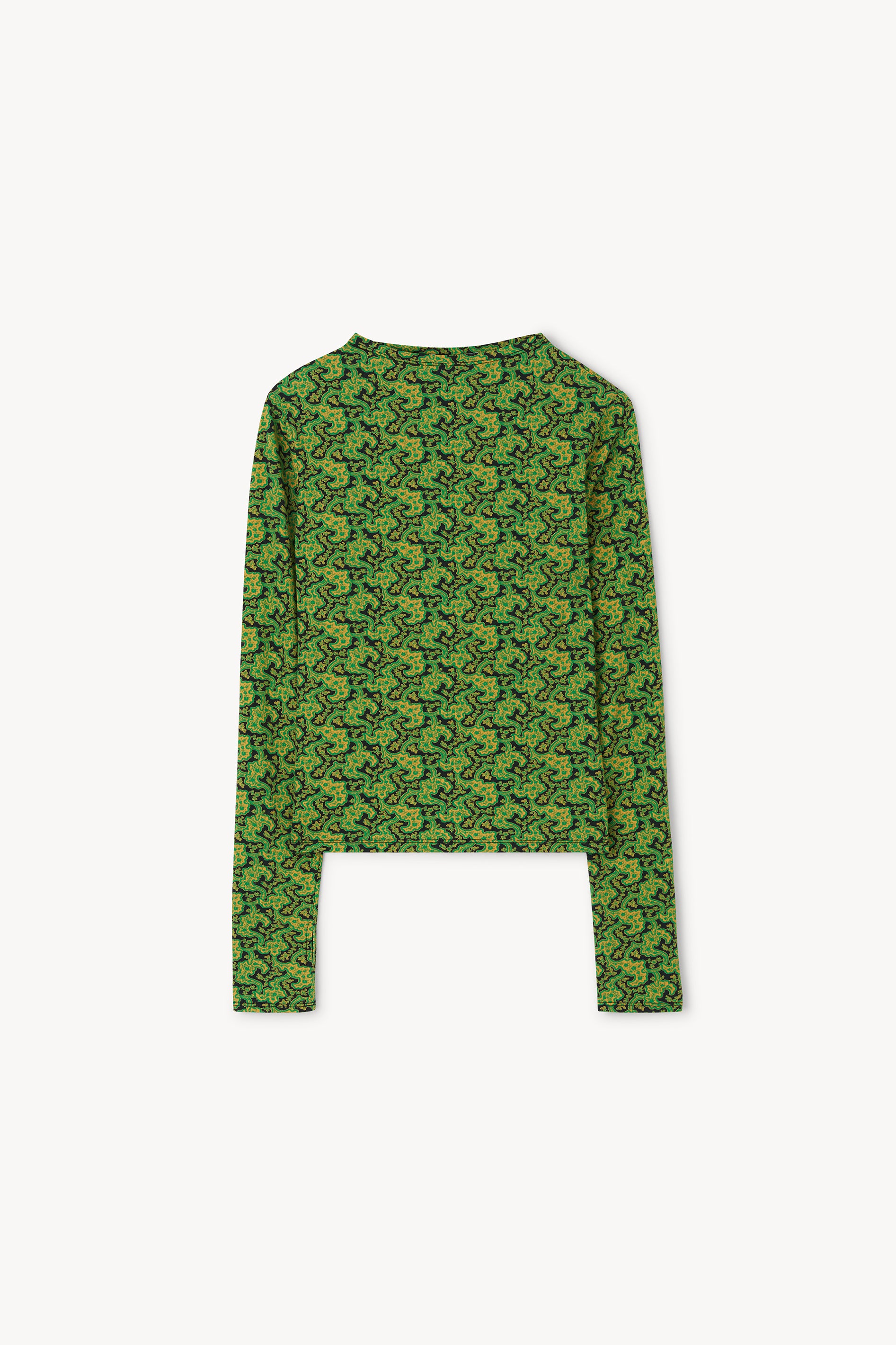 A green long-sleeve crop top with an all-over abstract pattern, shown flat against a light gray background.