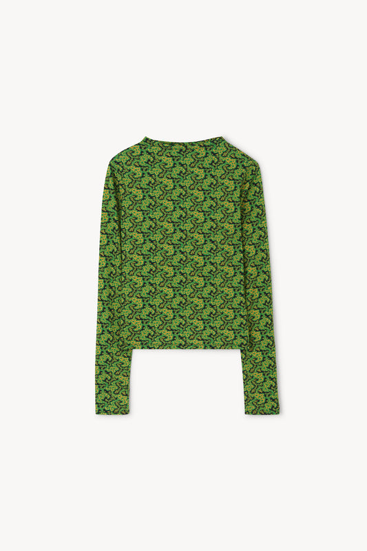 A green long-sleeve crop top with an all-over abstract pattern, shown flat against a light gray background.