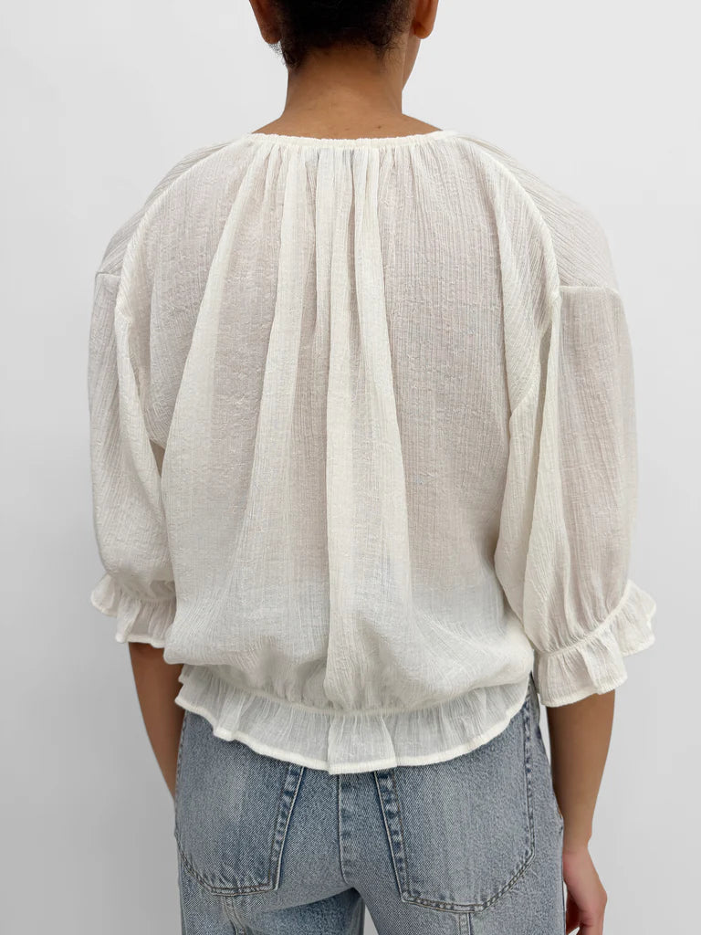 Person wearing a light-colored blouse with puffed sleeves and blue jeans on a white background