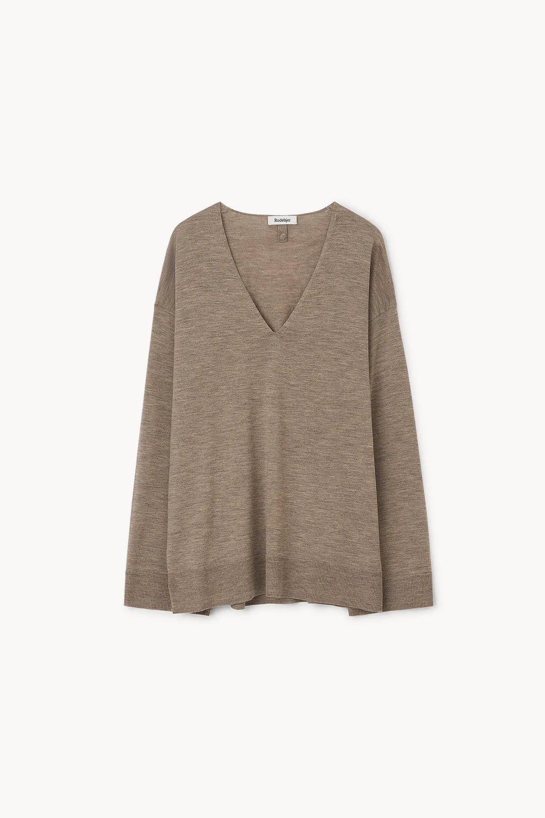 A taupe brown V-neck knit sweater with long sleeves, displayed flat against a clean off-white background.