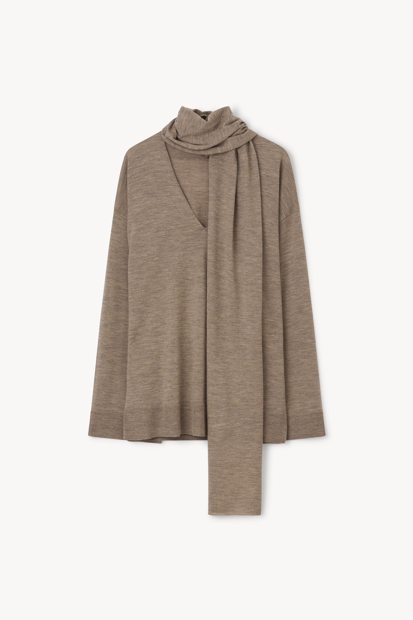 A taupe knit sweater with a draped cowl neck and long tie detail, displayed against a clean off-white background.