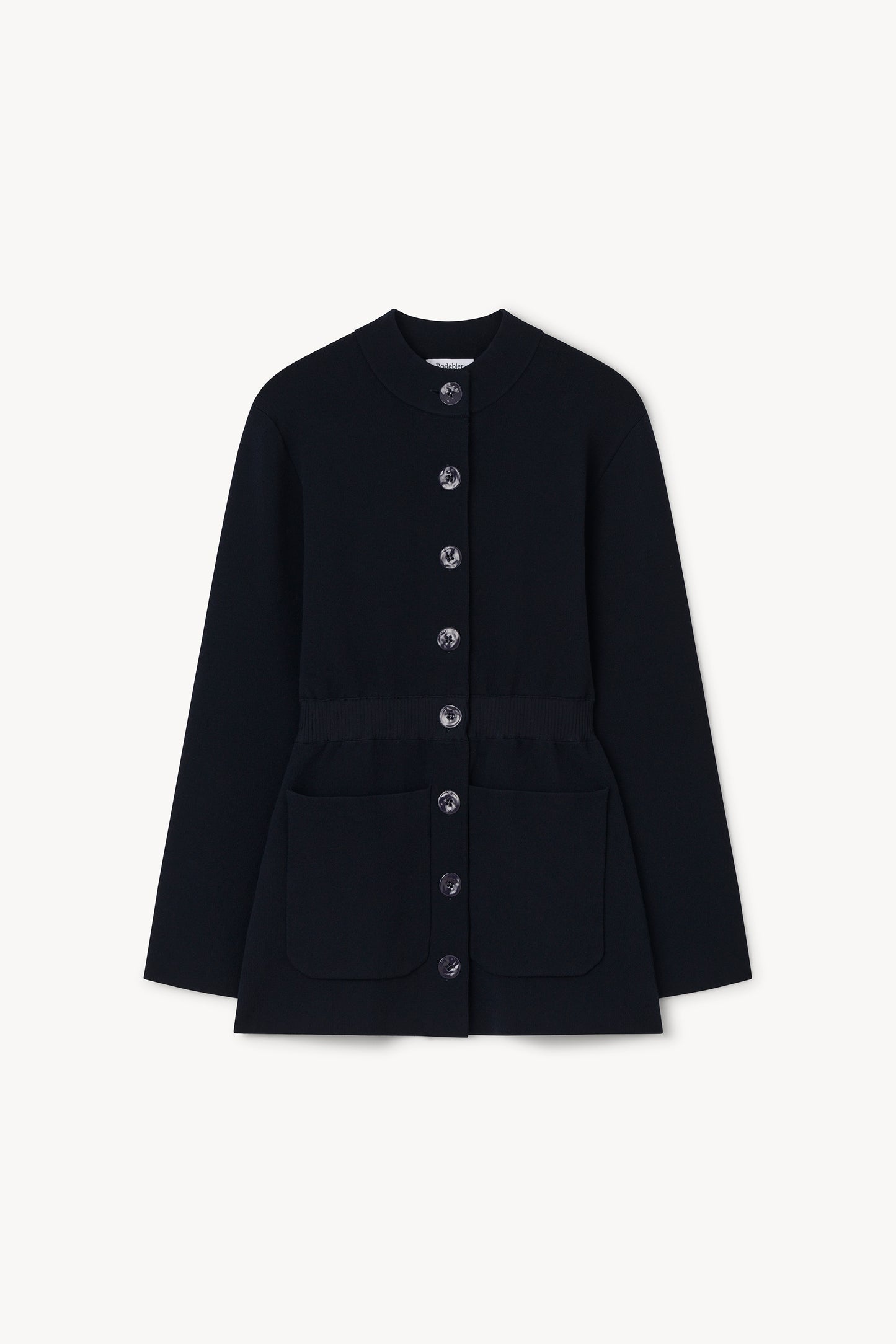 A black long-sleeve jacket with a buttoned front, round neckline, and front flap pockets, shown flat against a light off-white background.