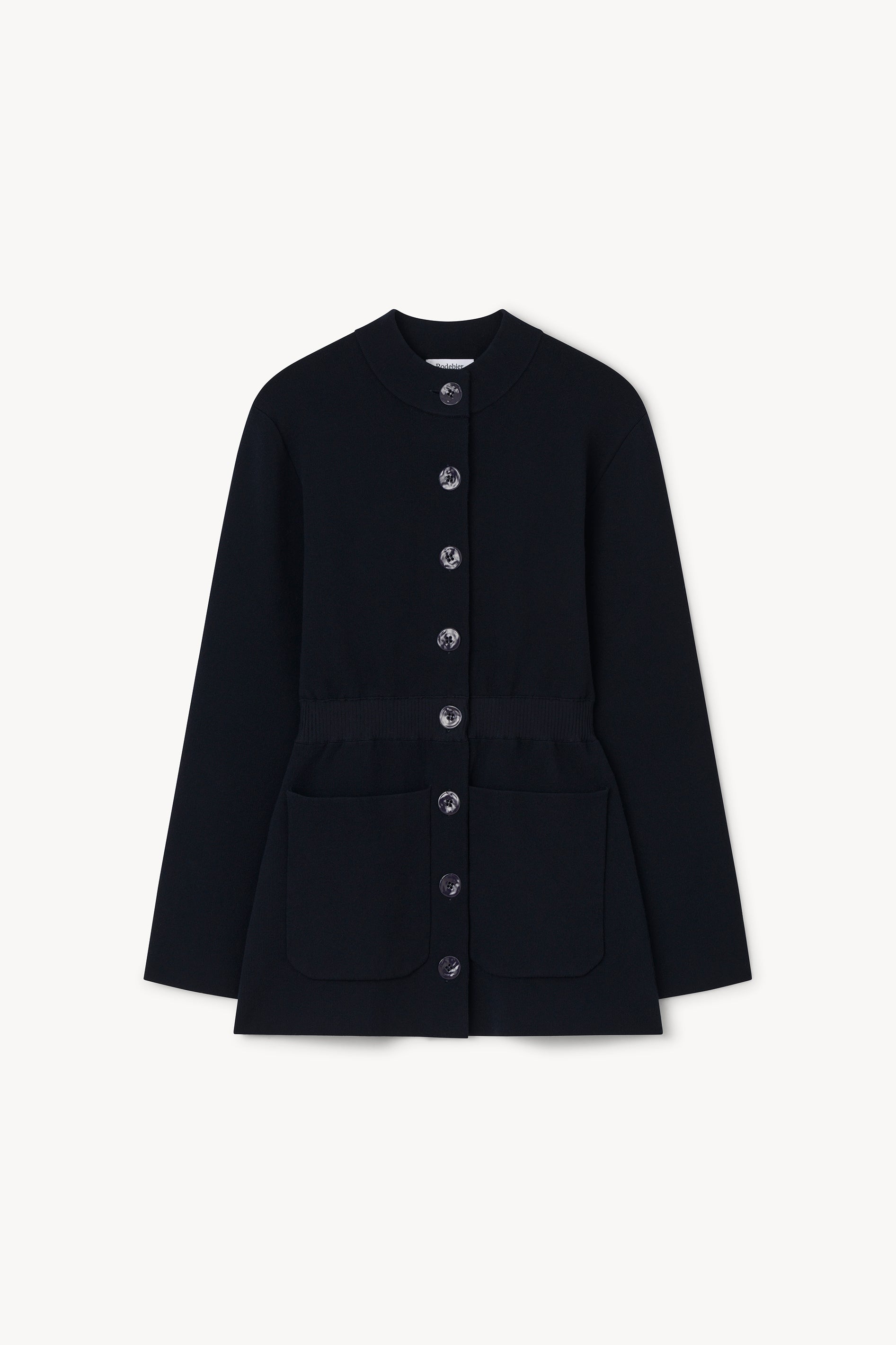 A black long-sleeve jacket with a buttoned front, round neckline, and front flap pockets, shown flat against a light off-white background.