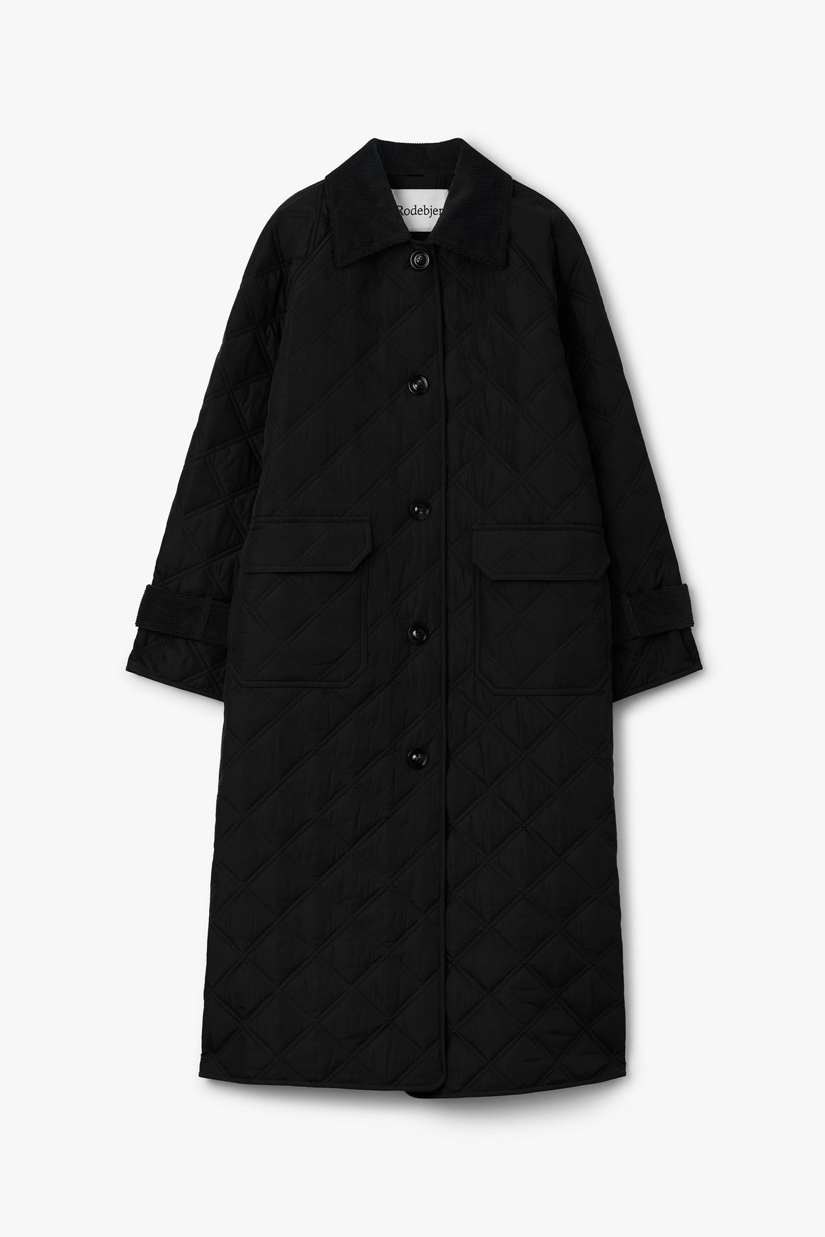 A black quilted mid-length coat with a collar, front button closure, and two large front flap pockets, shown against a plain light gray background.