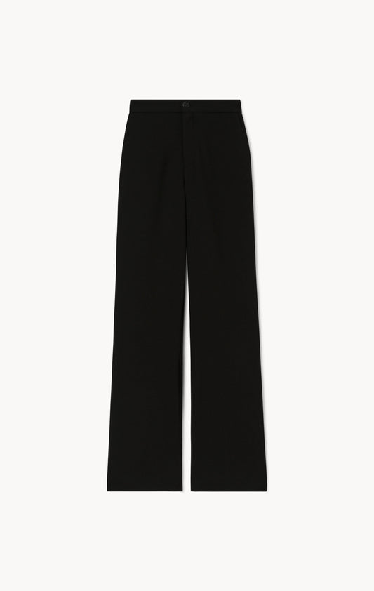 Black wide-leg trousers shown flat against a light off-white background.
