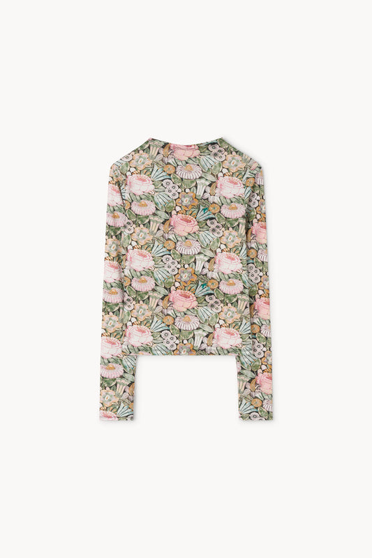 A long-sleeve crop top with an all-over botanical and floral print in pink, green, and beige tones, displayed flat against a light off-white background.