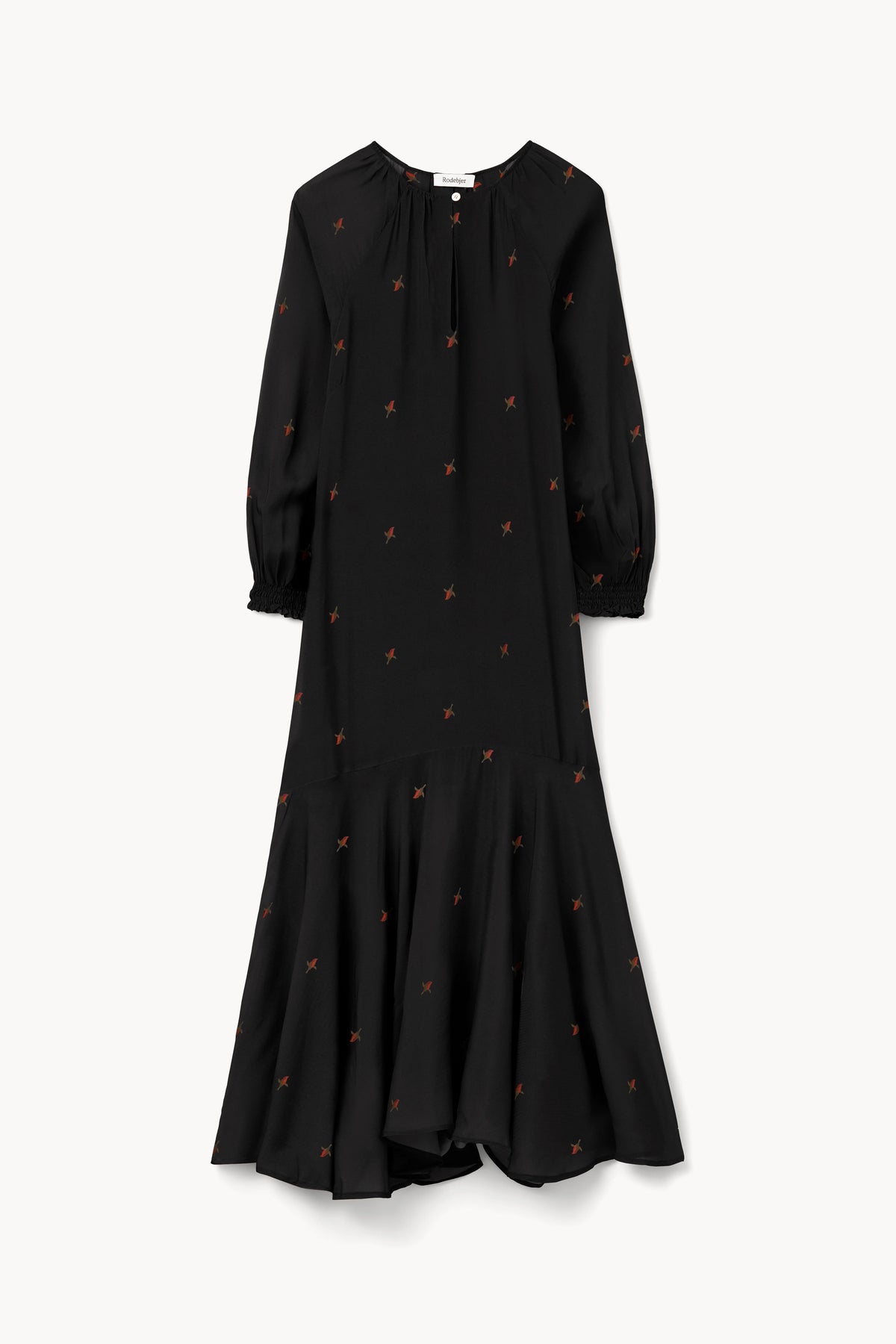A black long-sleeve midi dress with a small orange embroidered pattern, featuring a gathered neckline and a flared ruffled hem, shown against a plain off-white background.