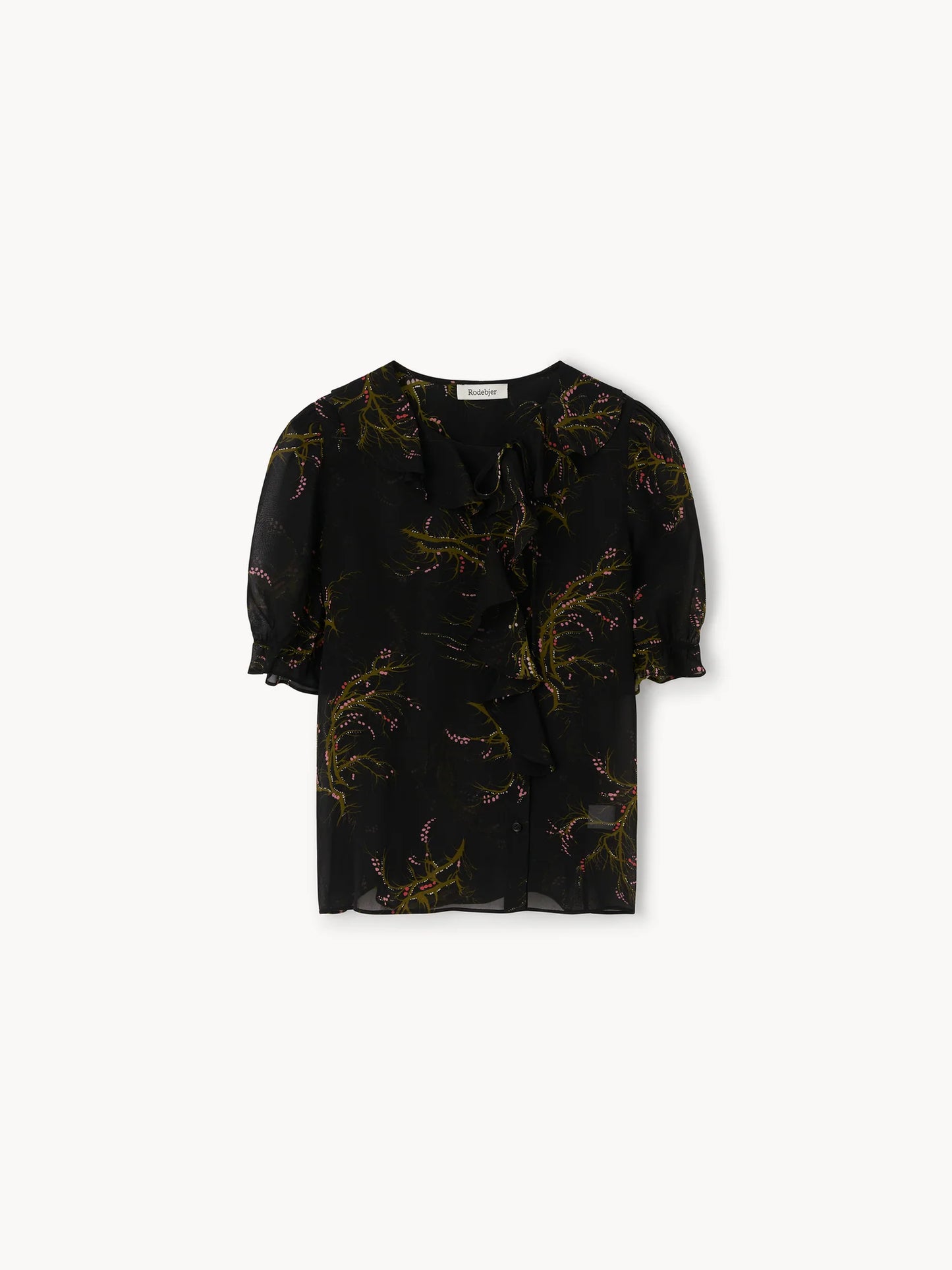 Black blouse with floral pattern on a white background