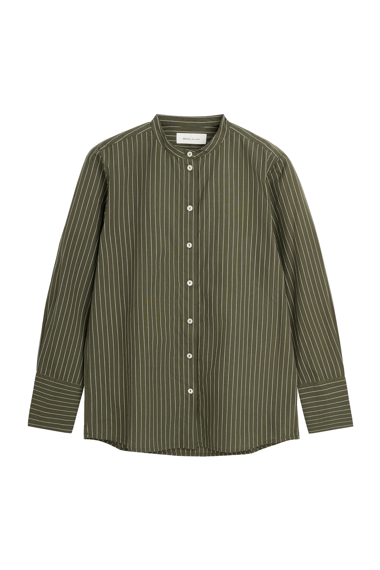 An olive green long-sleeve button-up shirt with thin vertical white pinstripes, displayed flat against a solid white background.