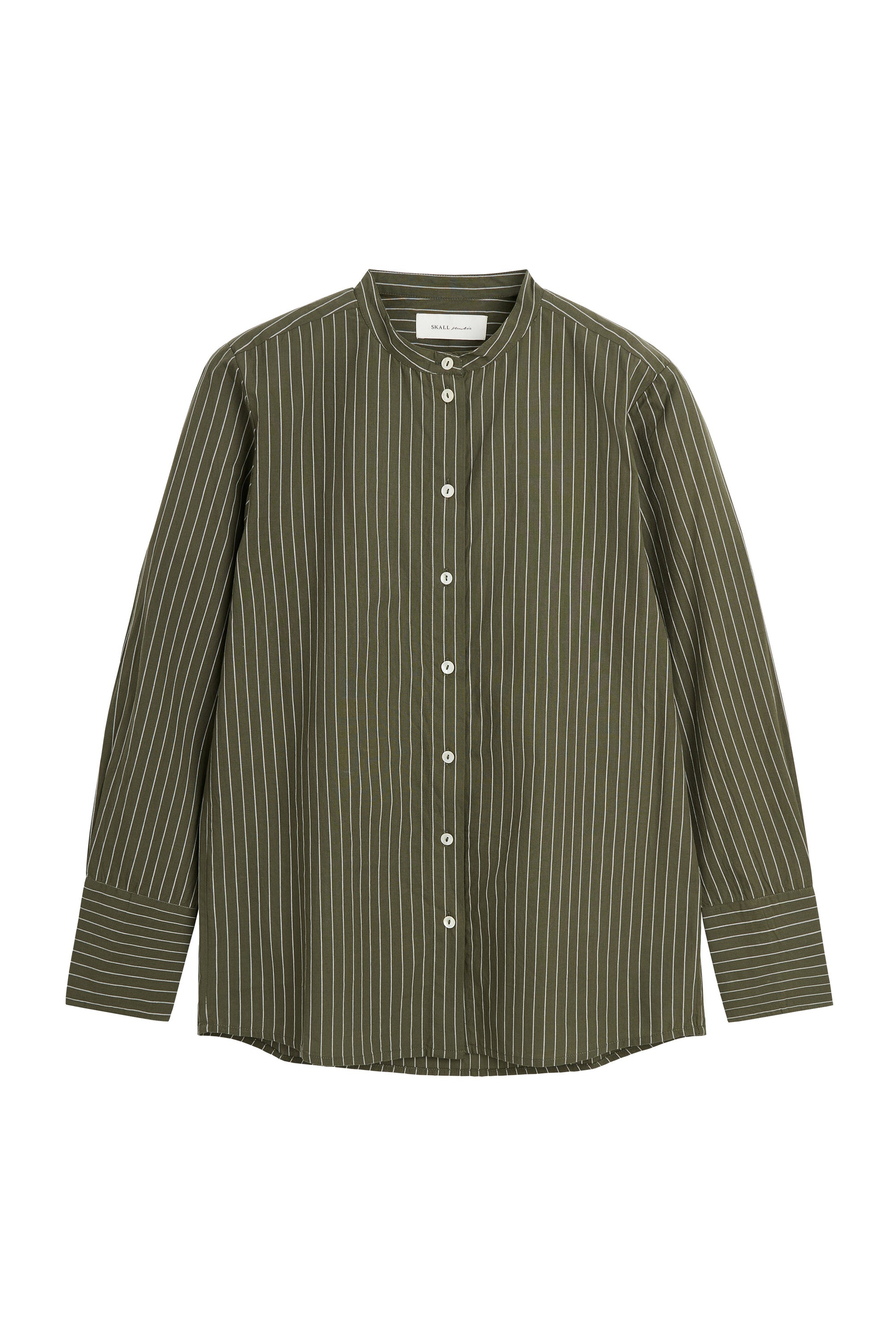 An olive green long-sleeve button-up shirt with thin vertical white pinstripes, displayed flat against a solid white background.