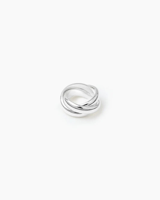 A silver-toned twisted knot ring, also known as a love knot ring, centered on a clean white background.