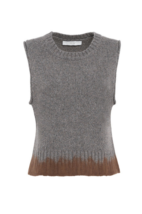 A sleeveless ribbed knit sweater vest in heather gray with a brown ombre gradient effect at the hem, shown against a plain white background.