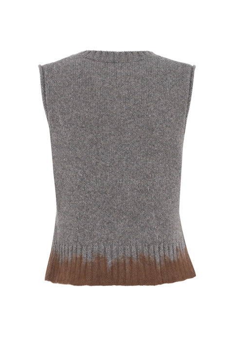 A sleeveless gray ribbed knit sweater vest with a brown gradient hem, shown against a plain white background.