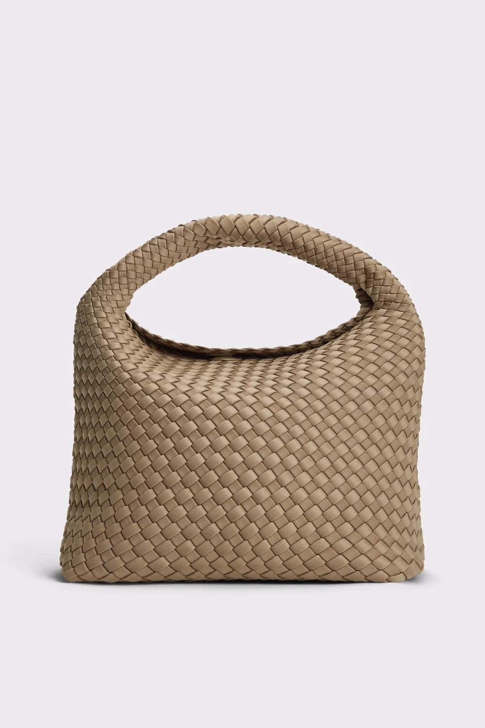 A woven leather shoulder bag in a light tan color, featuring a single integrated top handle and a structured, slouchy shape, shown against a plain light gray background.