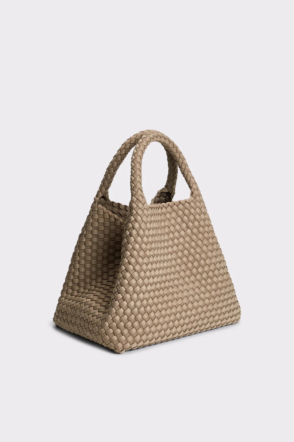A small woven tote bag in a light beige or taupe color, featuring two top handles and a structured triangular shape, shown on a light gray background.