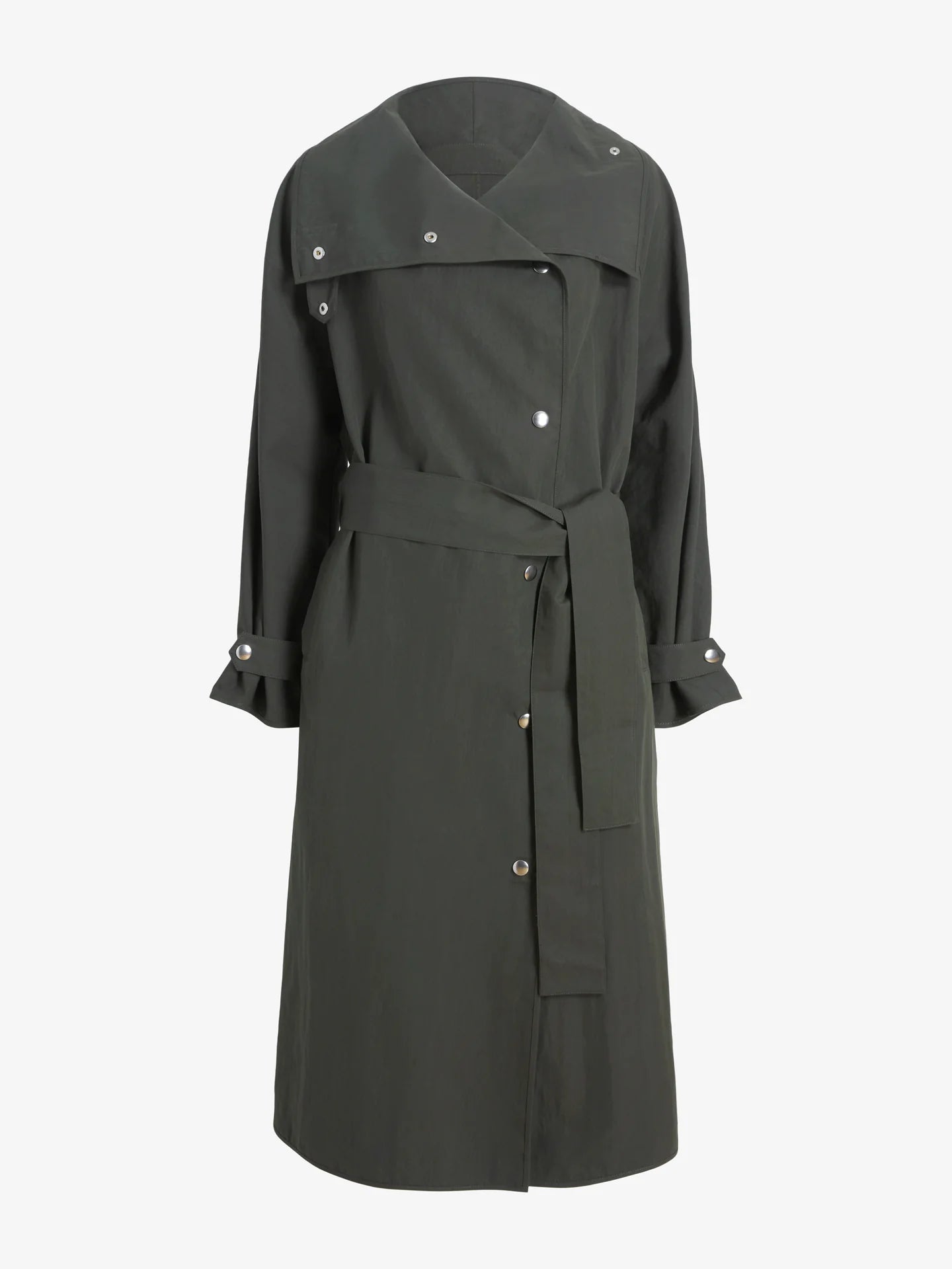 Dark green trench coat on a white background