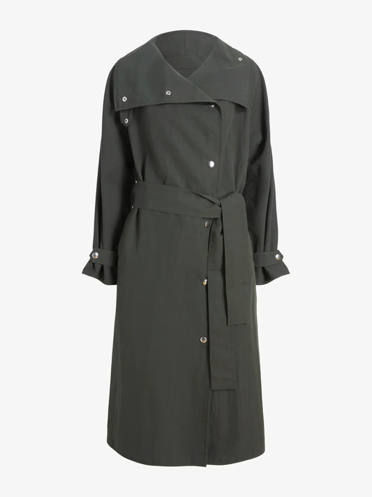 Dark green trench coat on a white background