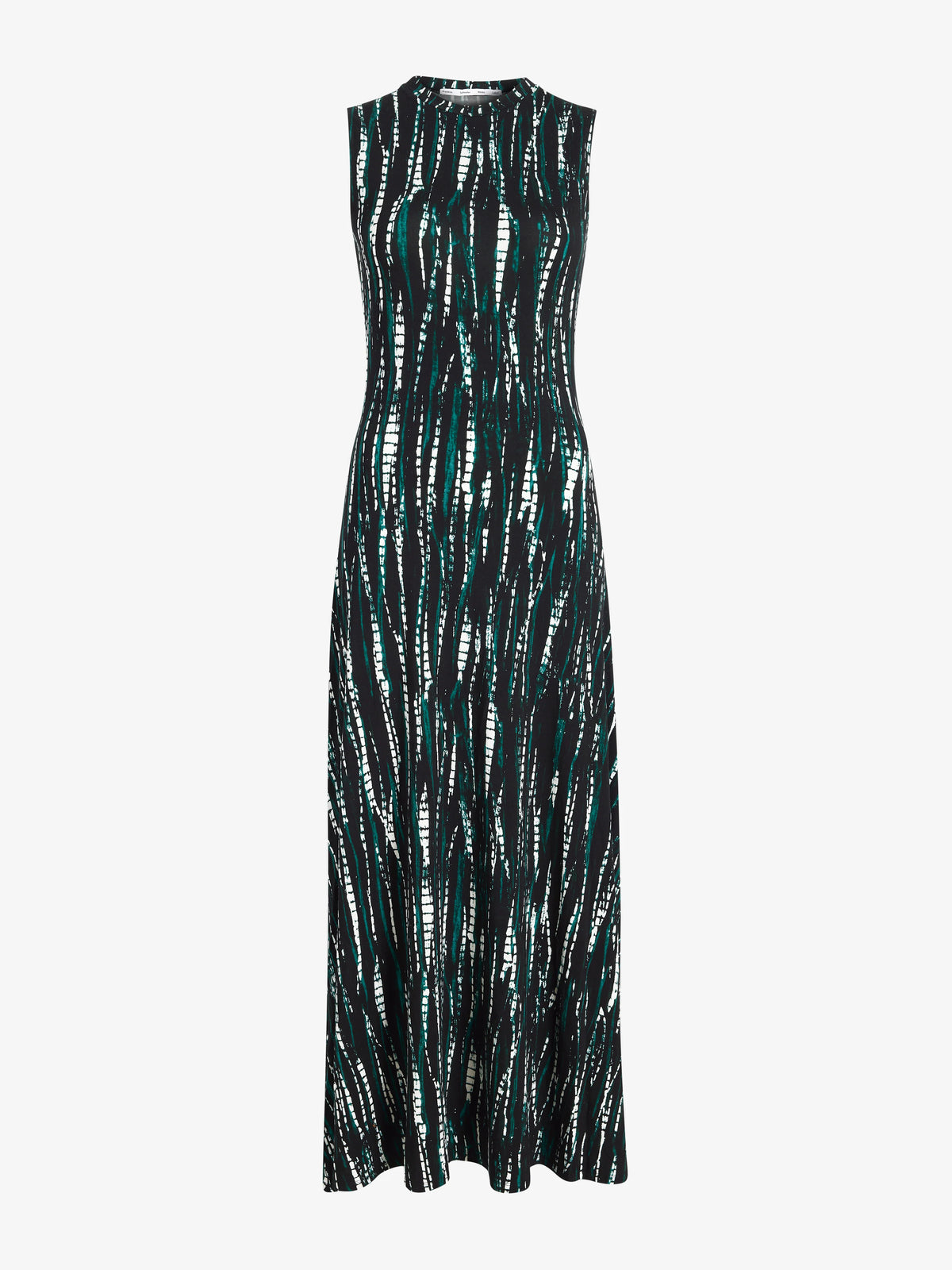 Long sleeveless dress with a pattern on a white background