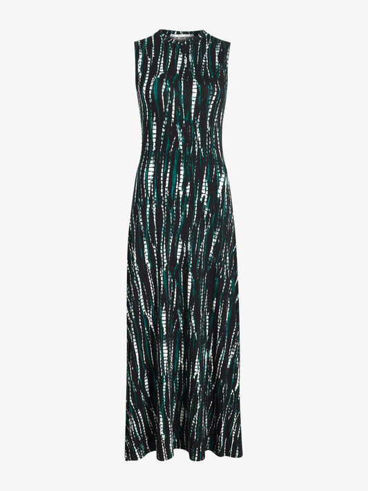 Long sleeveless dress with a pattern on a white background