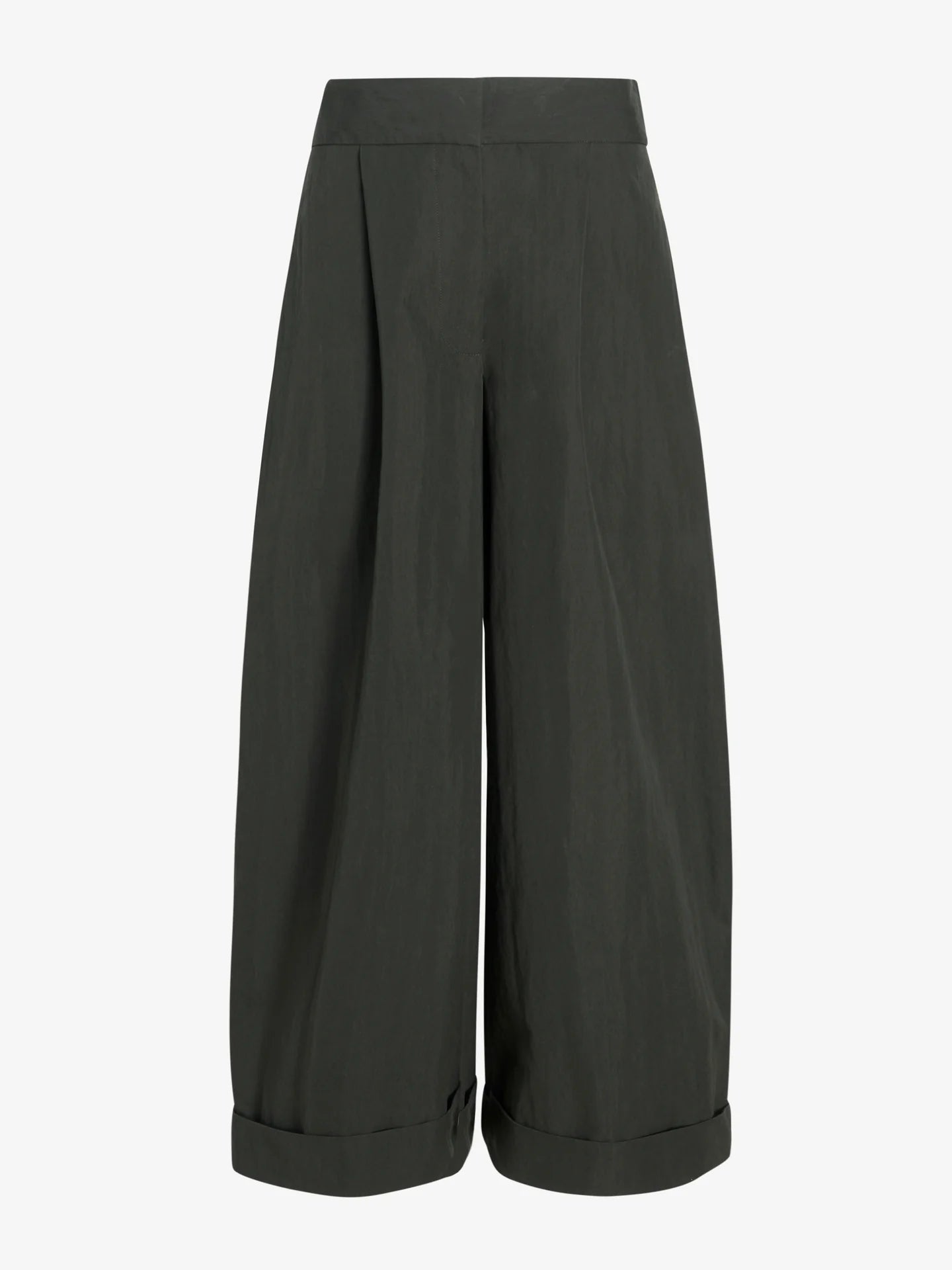 dark green wide-leg pants on a light gray background
