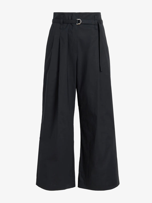 Black wide-leg pants with a belt on a white background