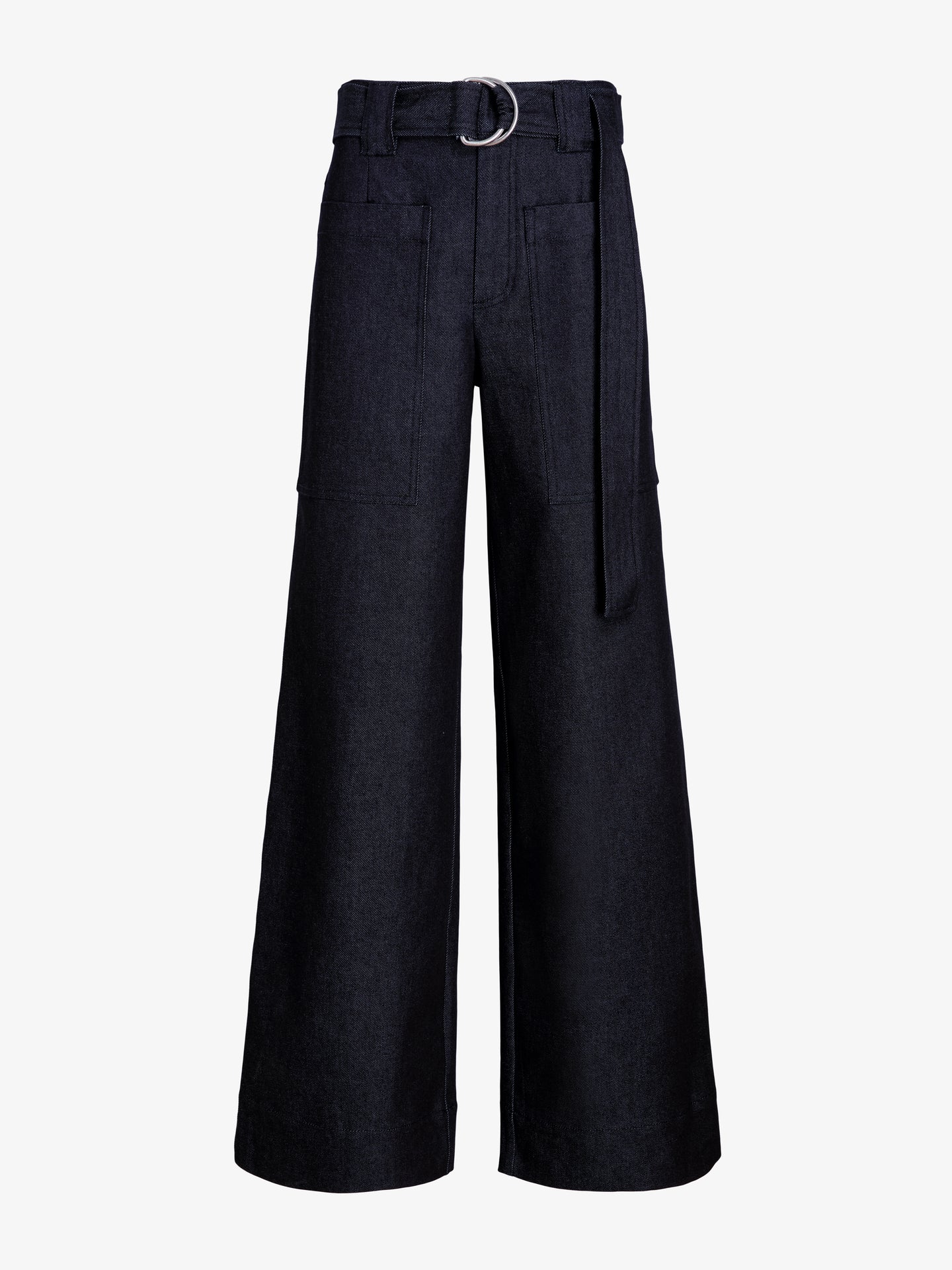 Black wide-leg pants with a belt on a white background