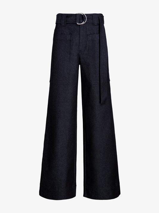 Black wide-leg pants with a belt on a white background