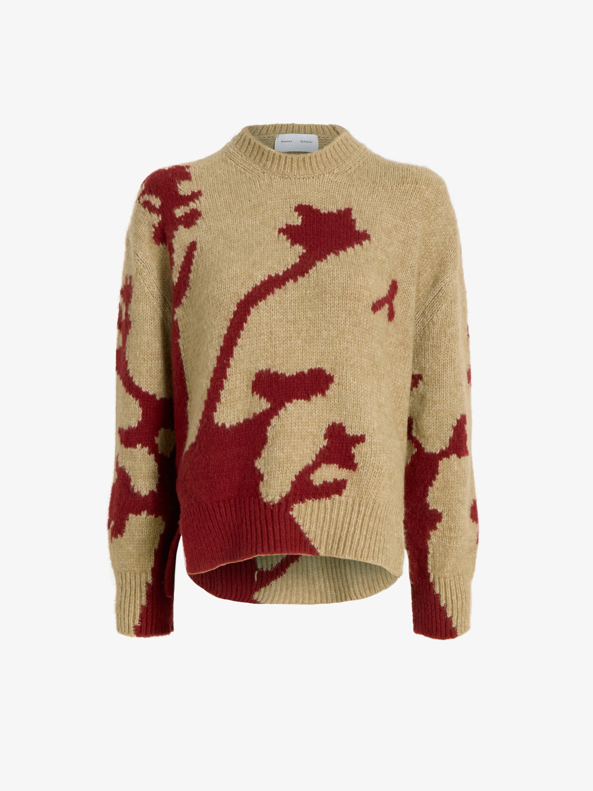 A beige knit sweater with a deep red abstract floral or branch-like pattern, shown against a plain white background.