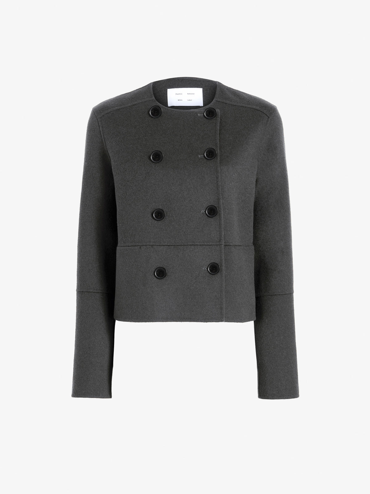 A dark gray cropped double-breasted jacket with black buttons, displayed on a clean white background.